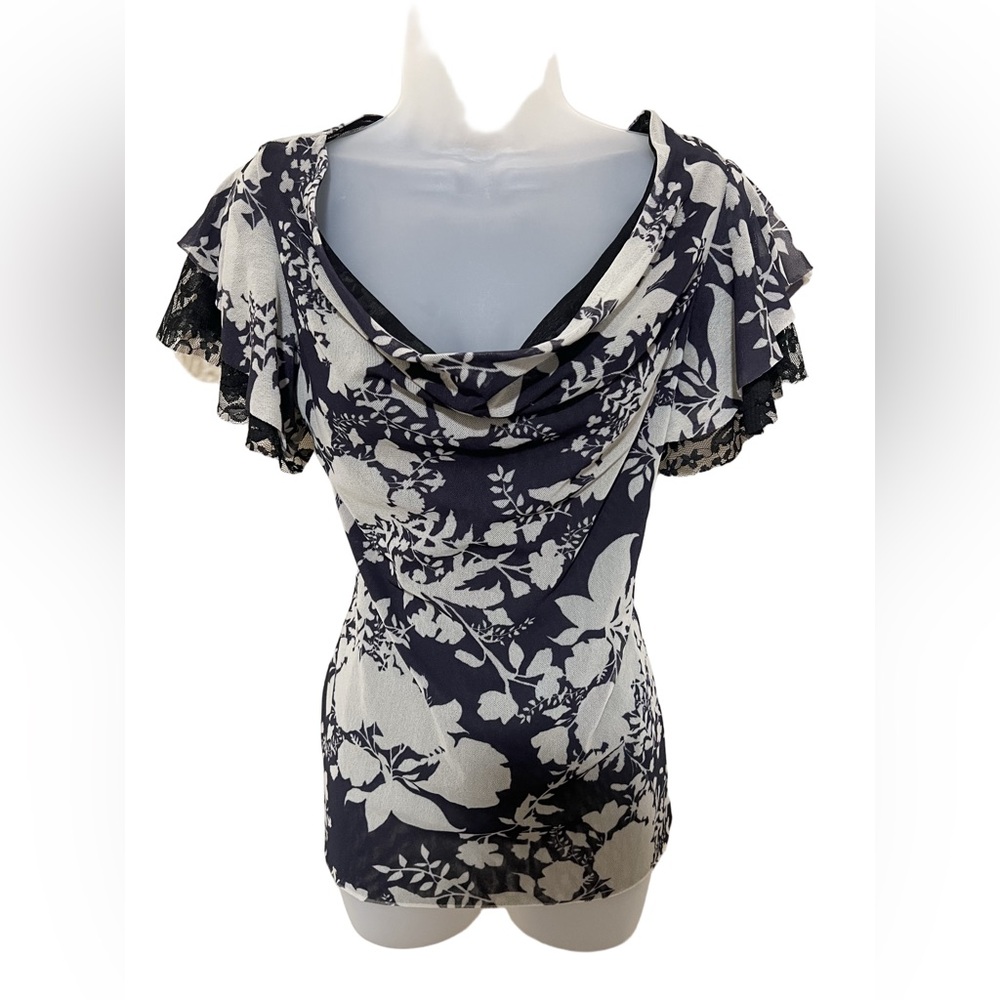 Y2K M Mesh Cowl Neck Lace Floral Top Grunge Fairy Goth Career Dainty Romantic